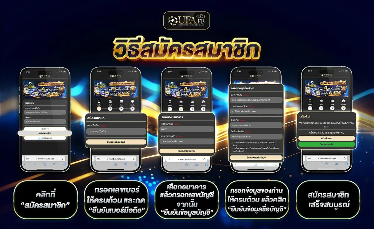 ขั้นตอนวิธีสมัคร UFAFB ตั้งแต่การกรอกเบอร์โทรศัพท์ เลือกธนาคาร จนถึงสมัครสมาชิกเสร็จสมบูรณ์